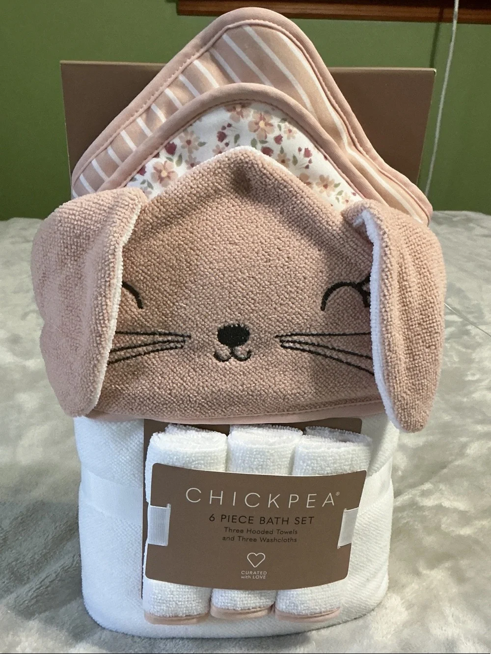 chick pea Blush Pink & White Baby Hooded Towel Set with Bunny Motif